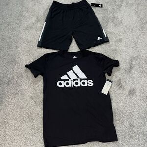 New Adidas Boys youth soccer shorts gym work out L kids & matching T shirt 14/16